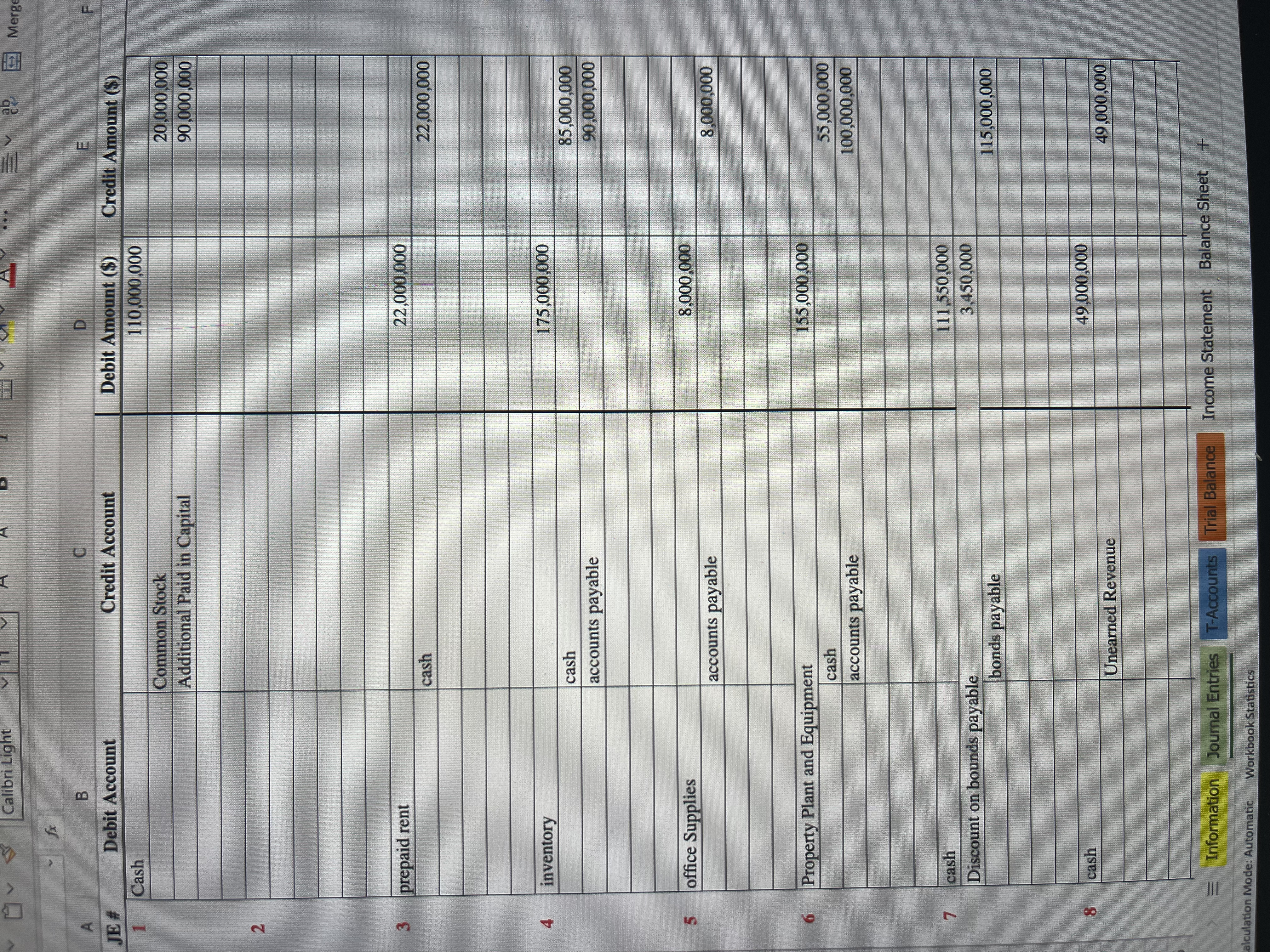 Please use the info given to make a T-account sheet Calibri Light