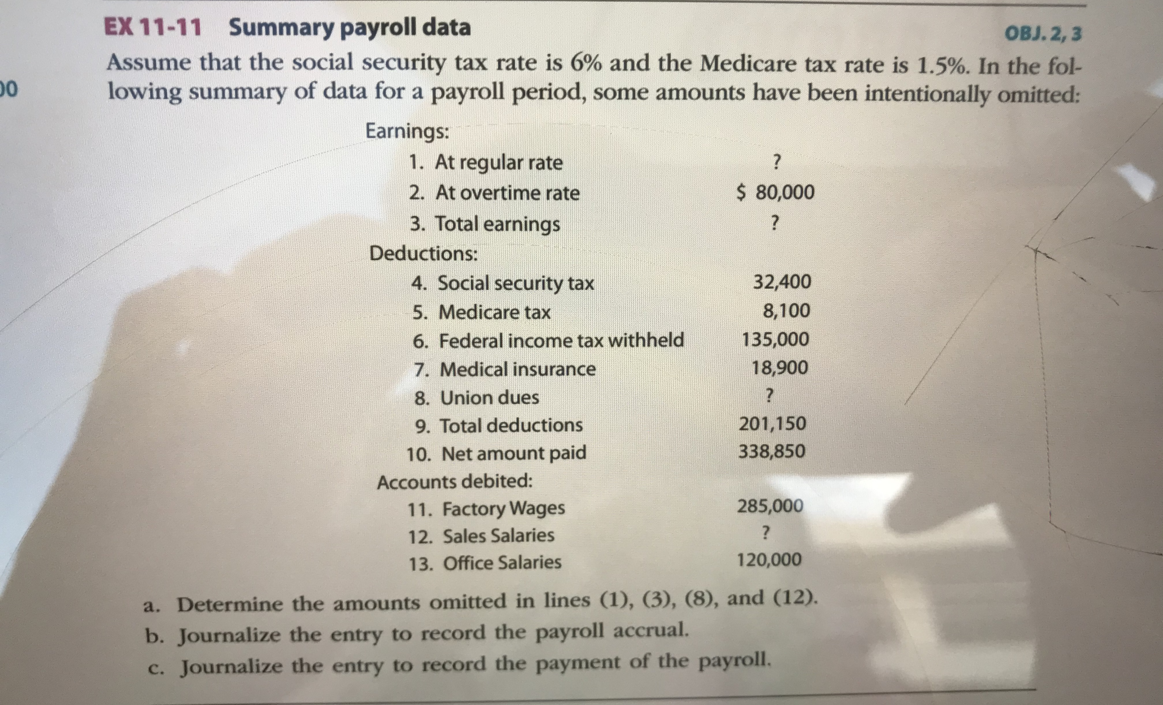 EX 11-11 Summary payroll data OBJ. 2, 3 Assume that the