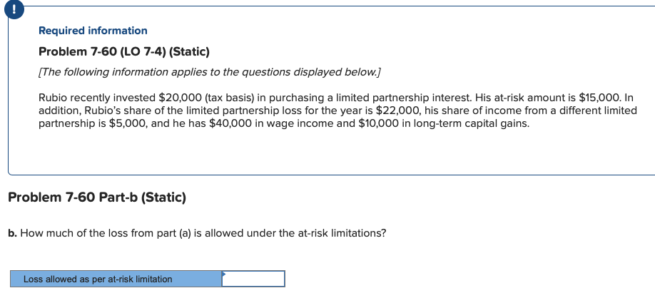 Required information Problem 7-60 (LO 7-4) (Static) [The following information applies