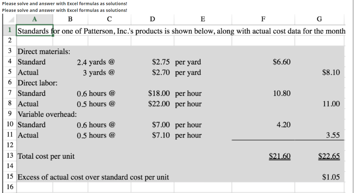 please solve and answer with excel formula as solution Please solve and