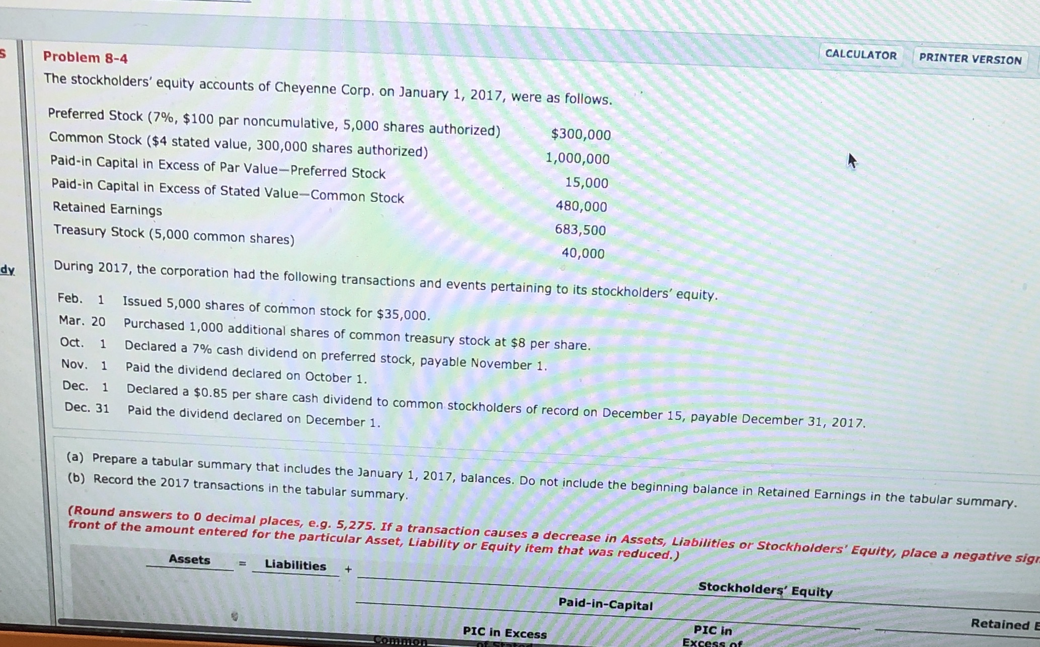 Also the partial balance sheet CALCULATOR PRINTER VERSION Problem 8-4 The stockholders'