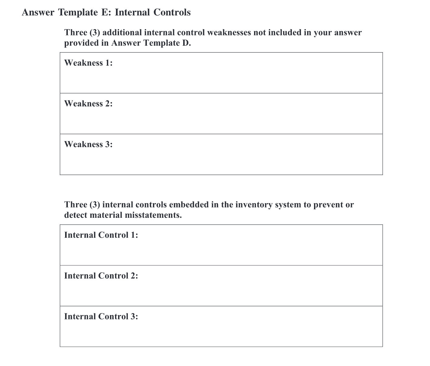  Answer Template E: Internal Controls Three (3) additional internal control weaknesses