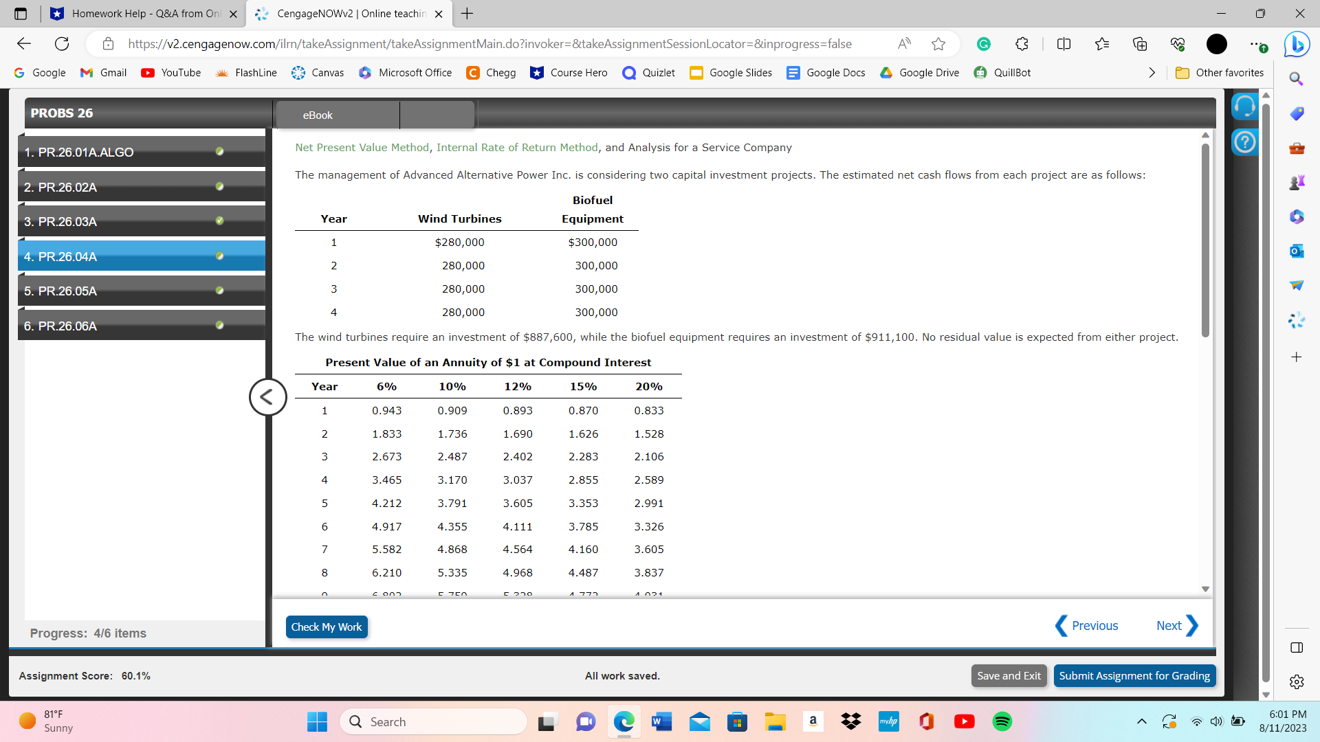 and Analysis for a service company ? 1. PR.26.01A.ALGO The capital investment