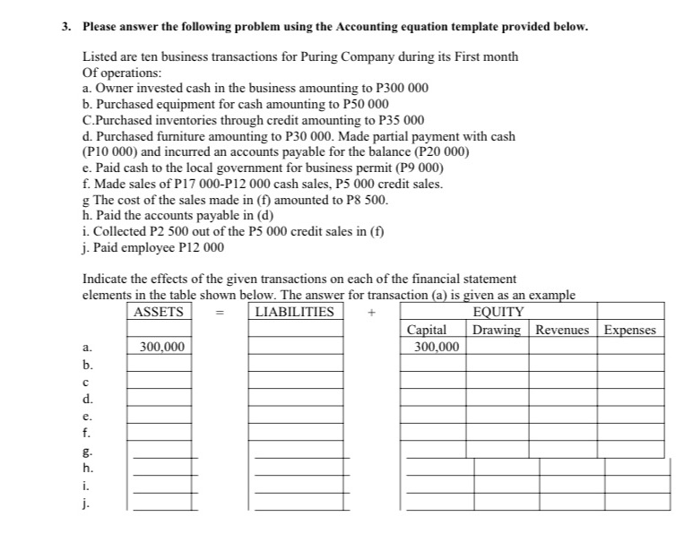PLEASE ANSWER 3. Please answer the following problem using the Accounting equation