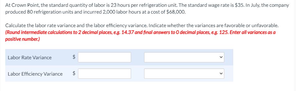 At Crown Point, the standard quantity of labor is 23 hours per