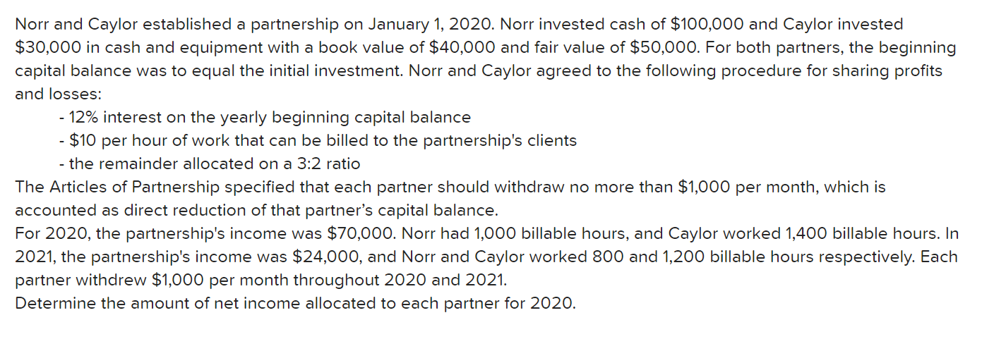 Please show work. Norr and Caylor established a partnership on January 1,