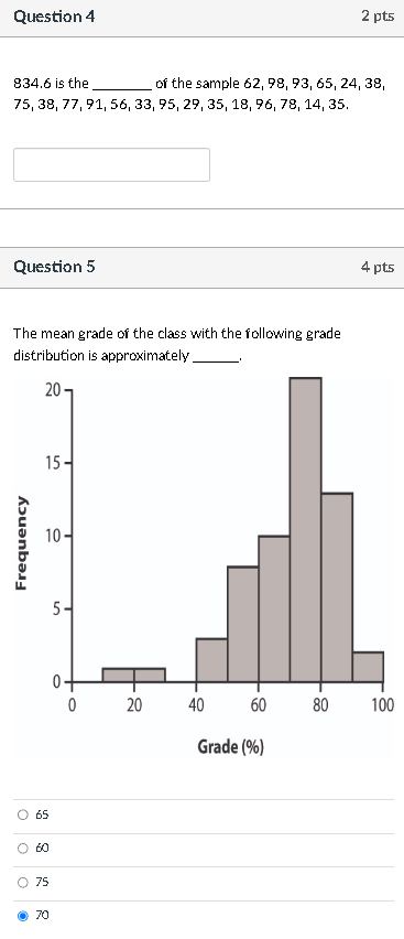 Question 4 834.6 is the 2 pts of the sample 62, 9B,