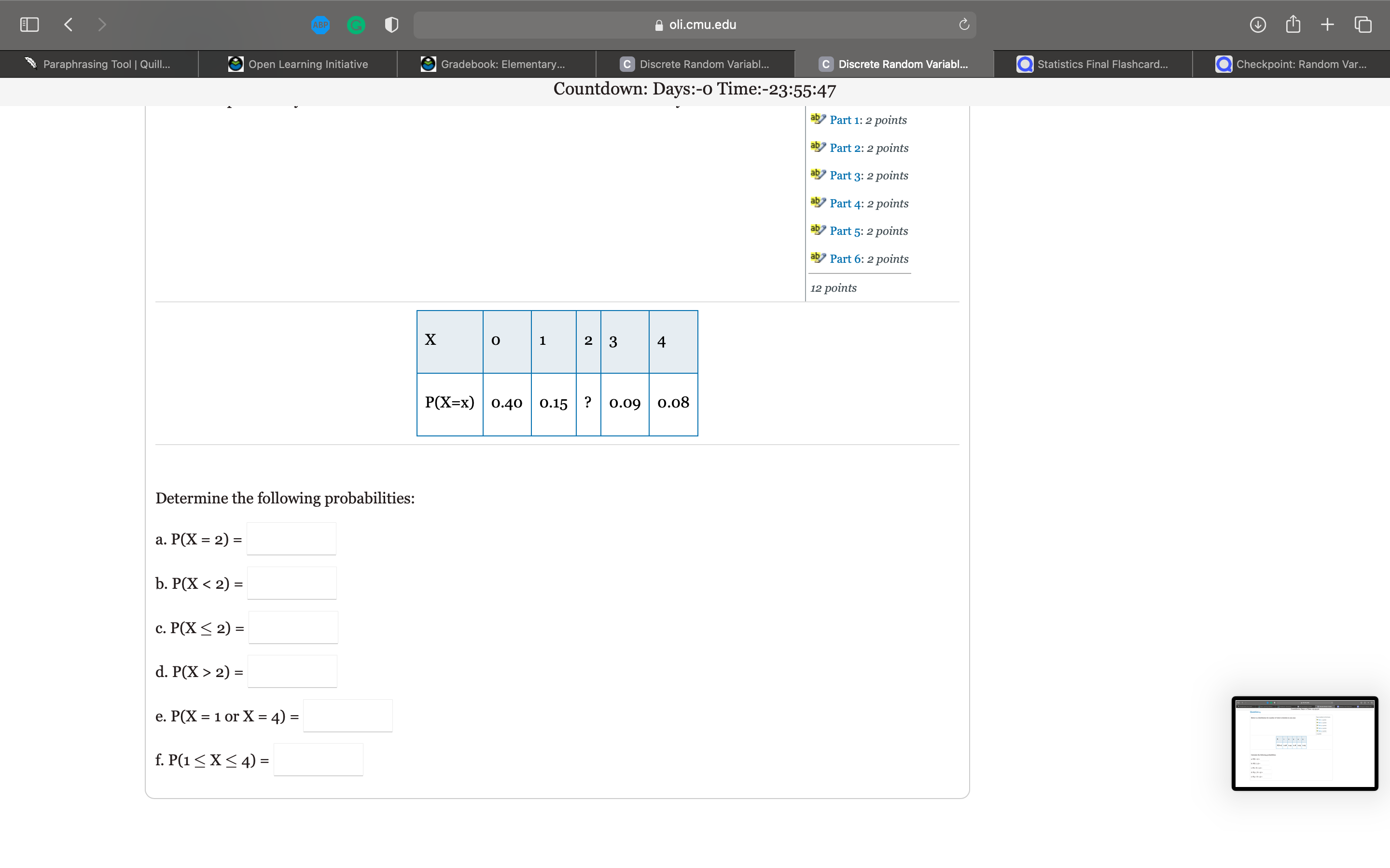 X = 4) = f. P(1 2) = e. P(X = 1
