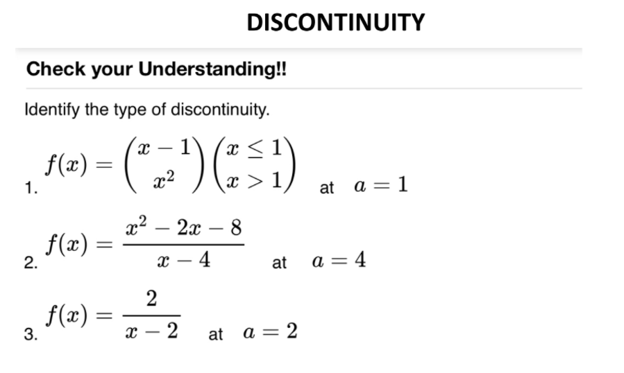 or not. 1. f(x) = x - 2x + 3 at point
