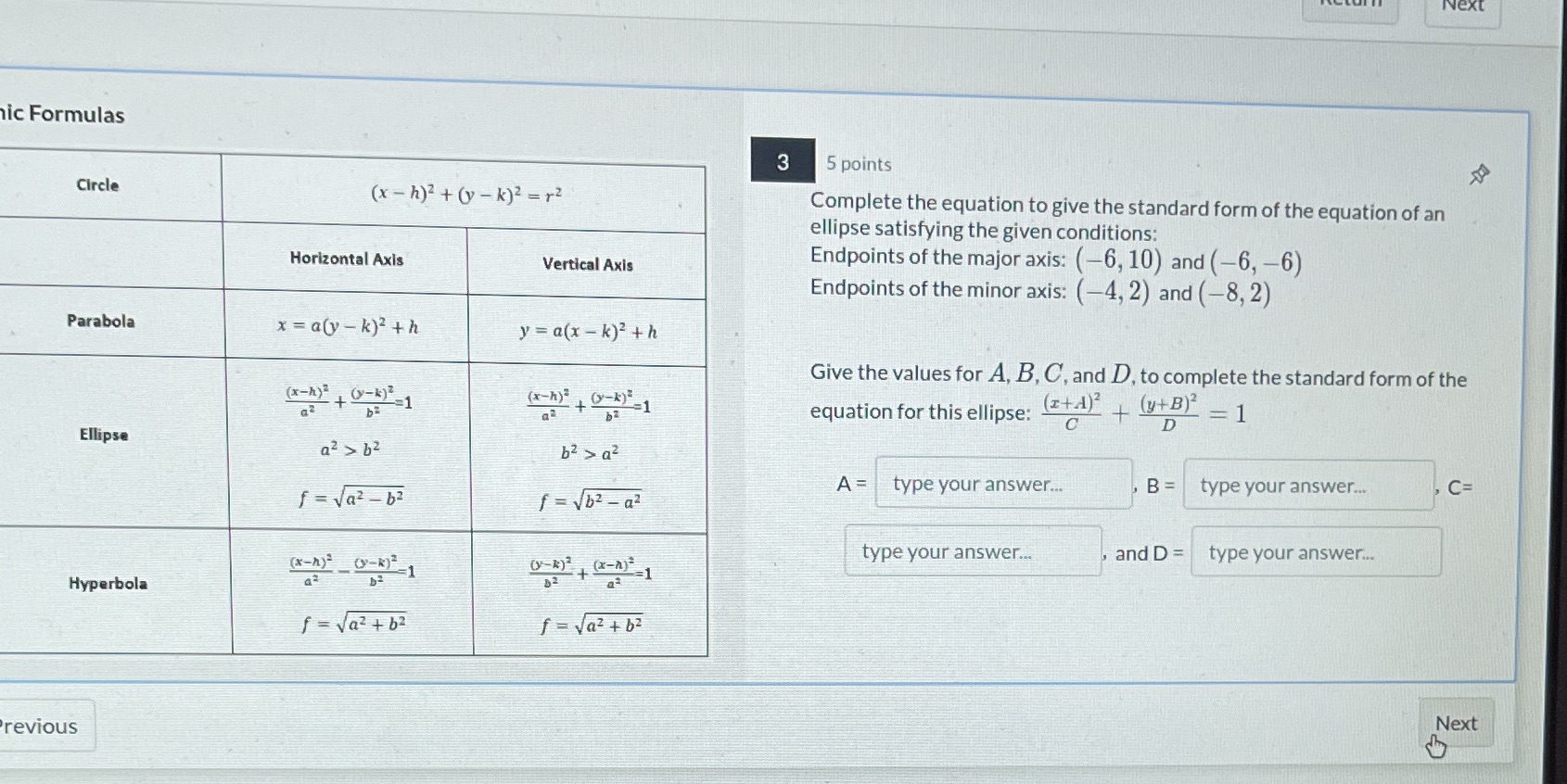 Next ic Formulas 3 5 points Circle (x - h)?+ (y-k)2