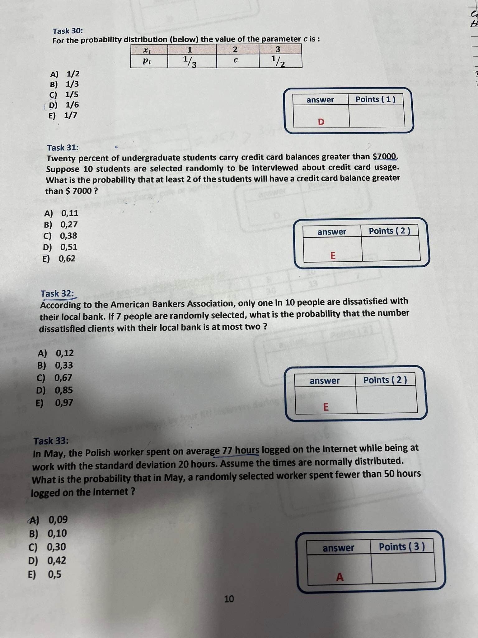 Task 30: For the probability distribution (below) the value of the