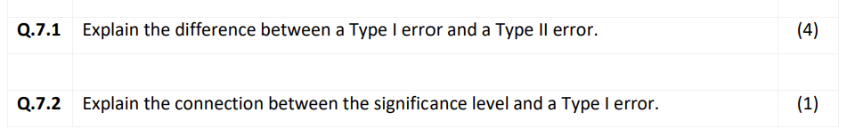  (1.7.1 Explain the difference between a Type I error and a