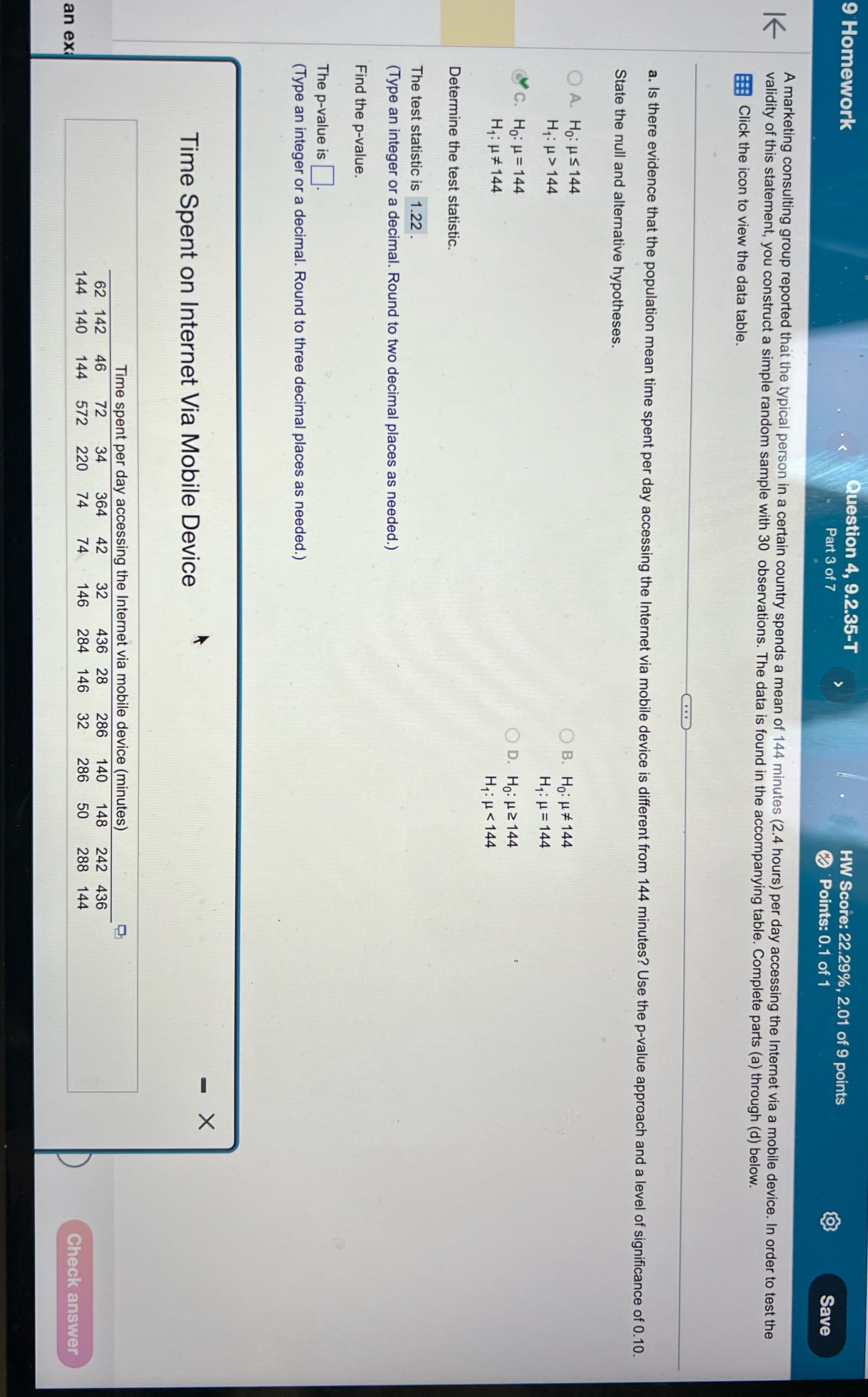 Please find the p value 9 Homework Question 4, 9.2.35-T HW Score: