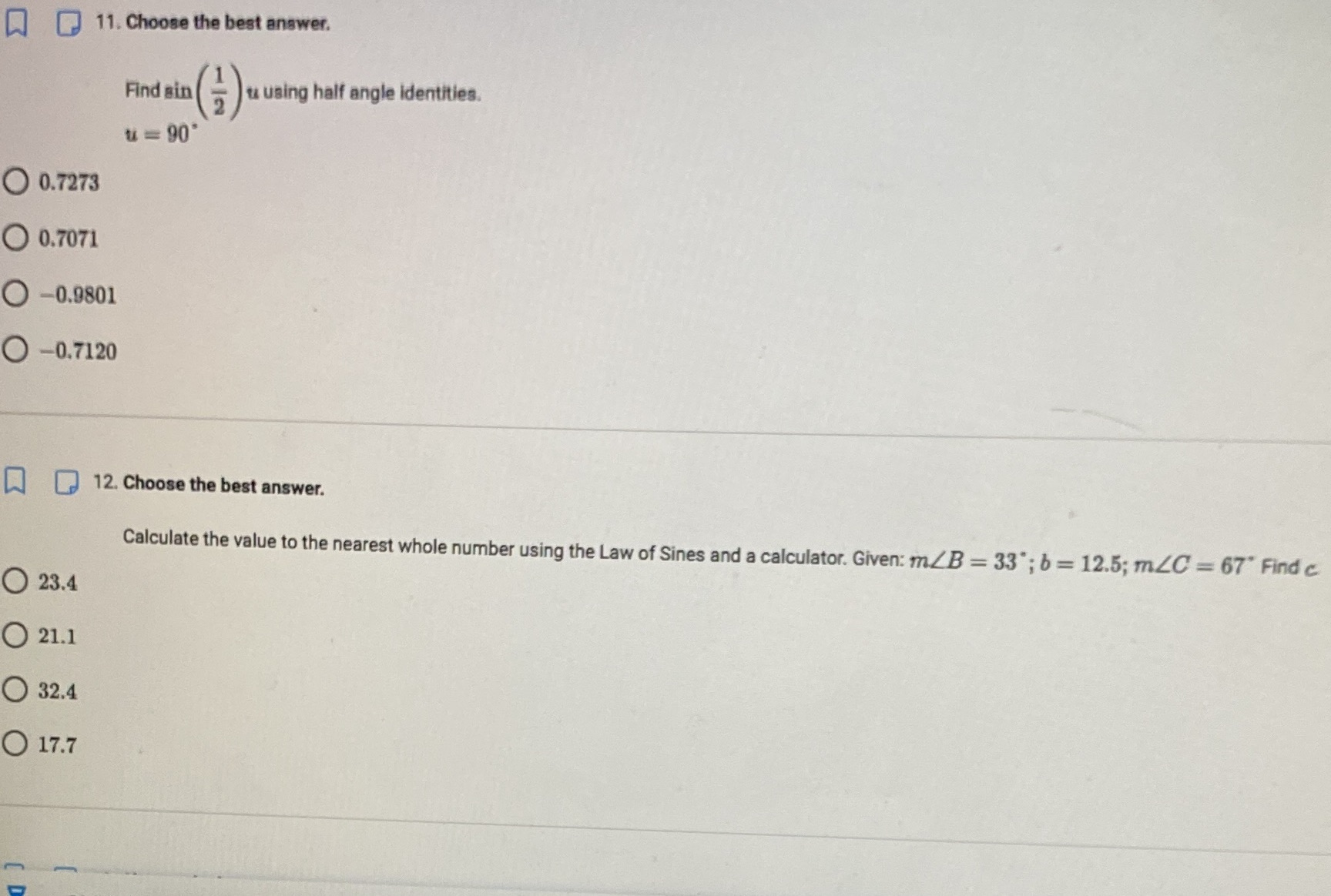 11. Choose the best answer. Find sin u using half angle