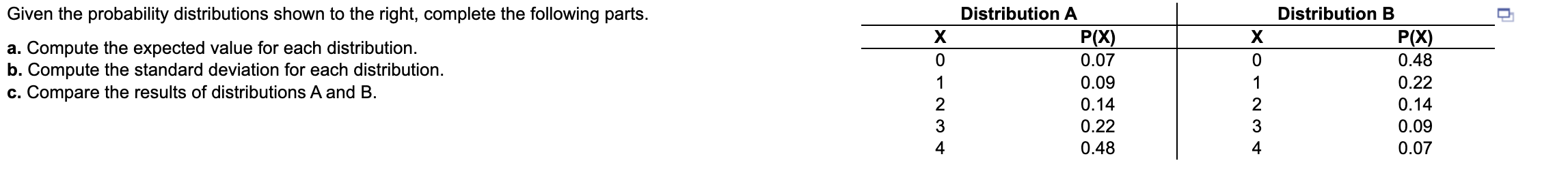  Given the probability distributions shown to the right, complete the following