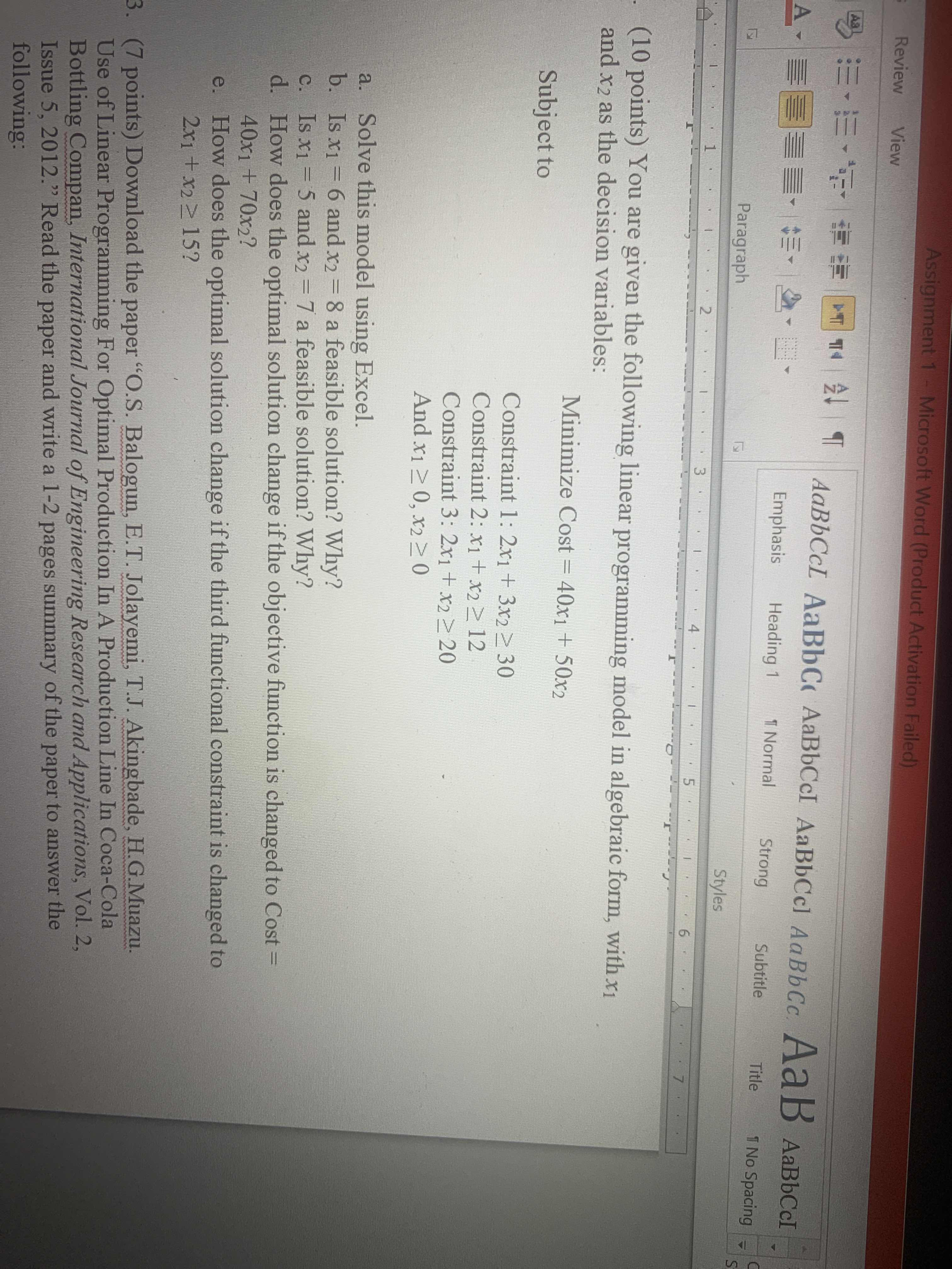  Assignment 1 - Microsoft Word (Product Activation Failed) Review View CN