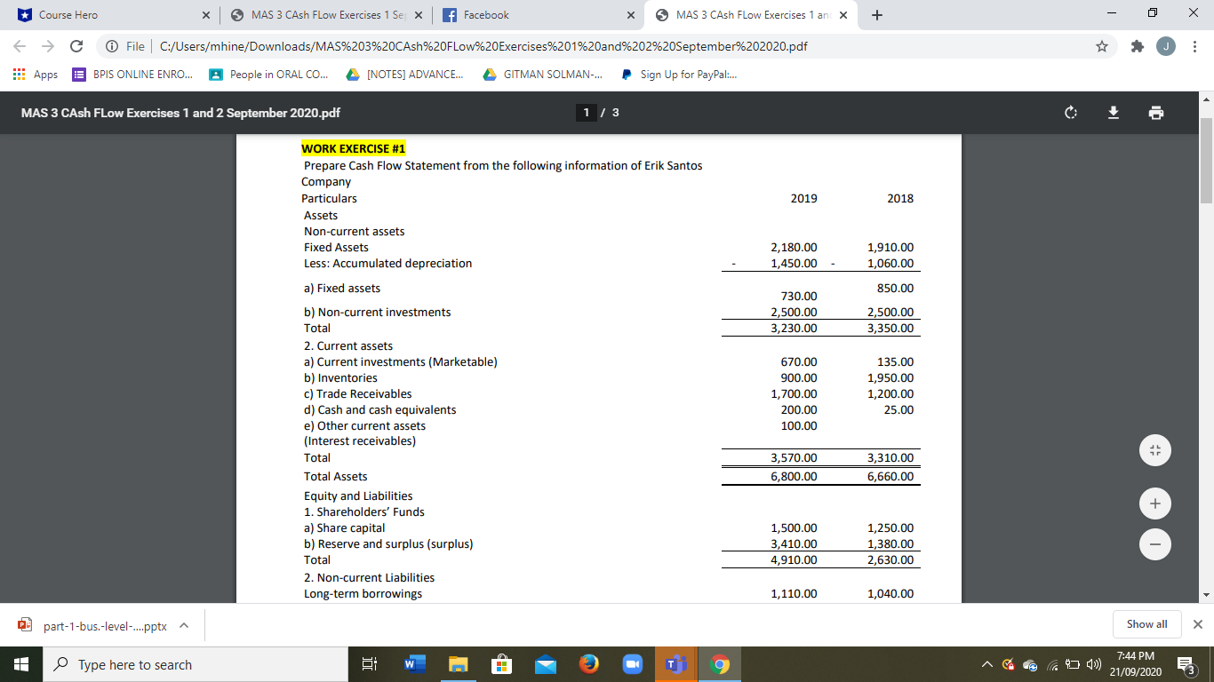 Prepare cashflow statement under direct and indirect method: The given data is