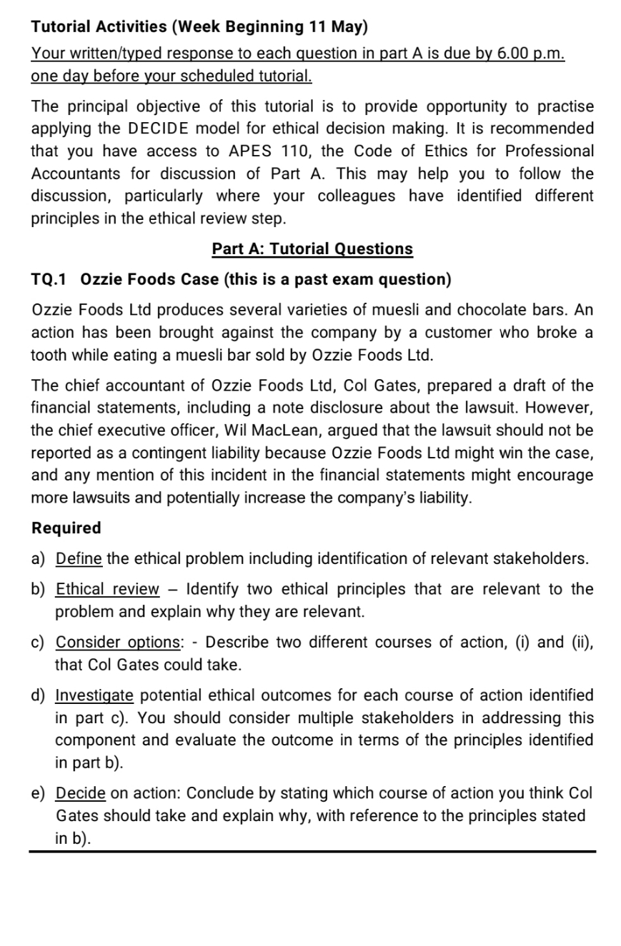 part a) to be completed Tutorial Activities (Week Beginning 11 May) Your