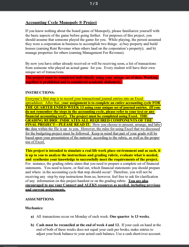 I need help creating an Avvounting cycle 1/3 Accounting Cycle Monopoly @