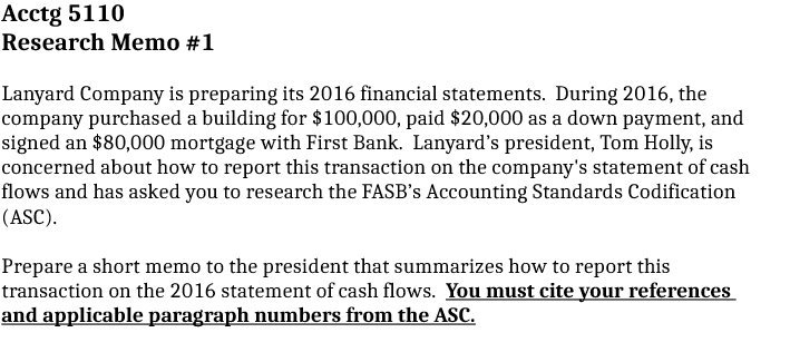 Acctg 5110 Research Memo #1 Lanyard Company is preparing its 2016 financial