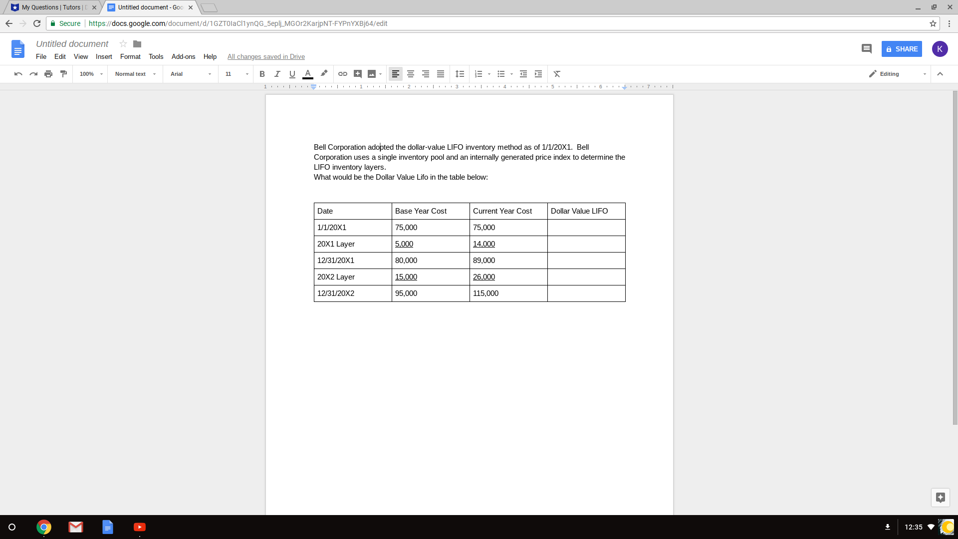 W Questions ITutorsl C x Untitled document-Goc x C Secure https://docs.google.com/document/d/l Untitled