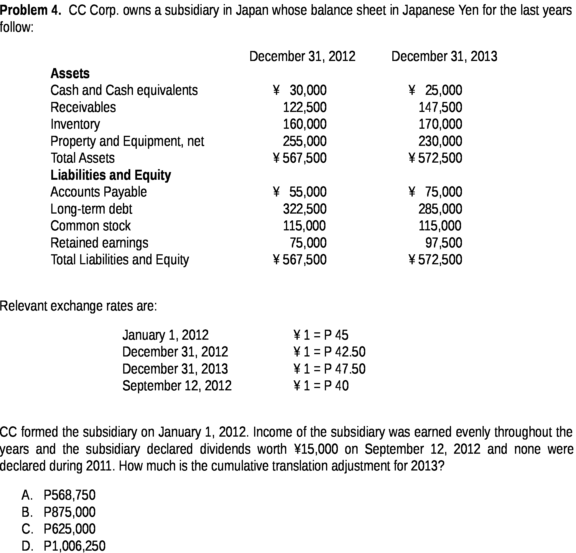  Problem 4. CC Corp. owns a subsidiary in Japan whose balance