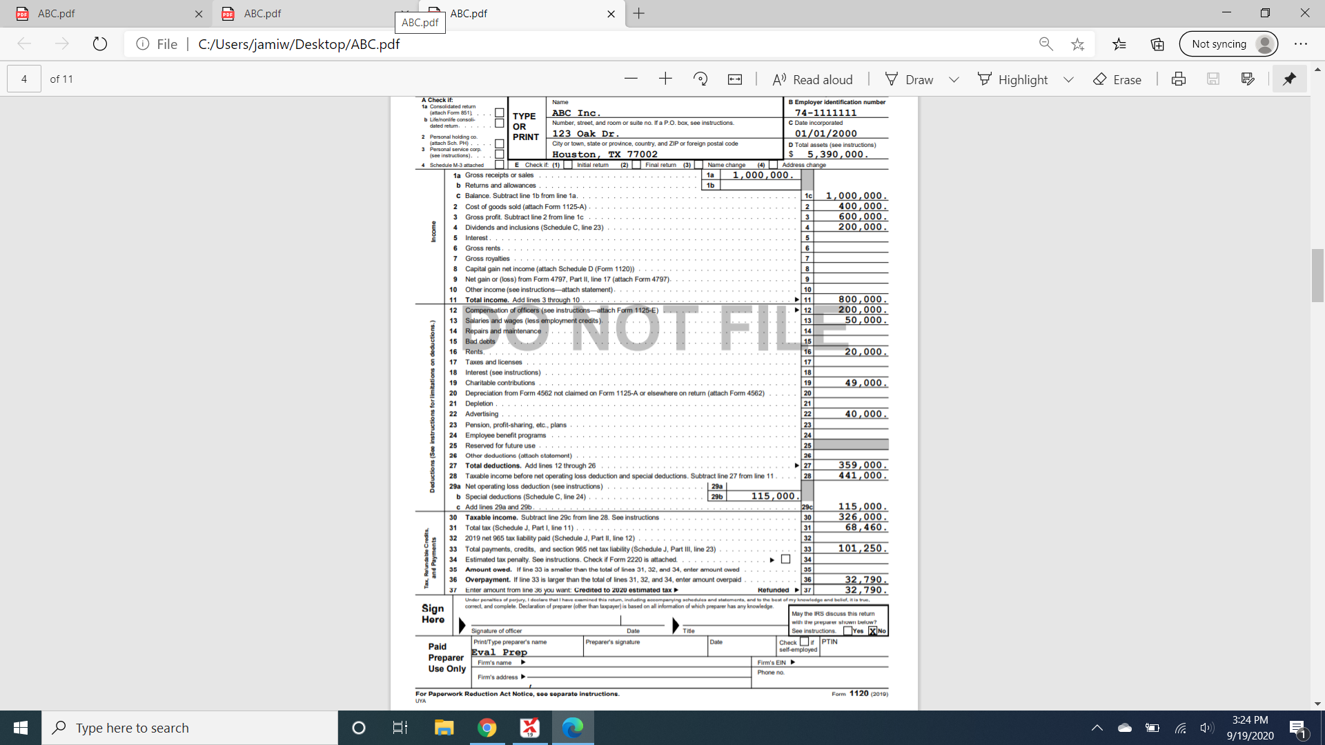 The assignment I'm working on is to complete form 1120 with the