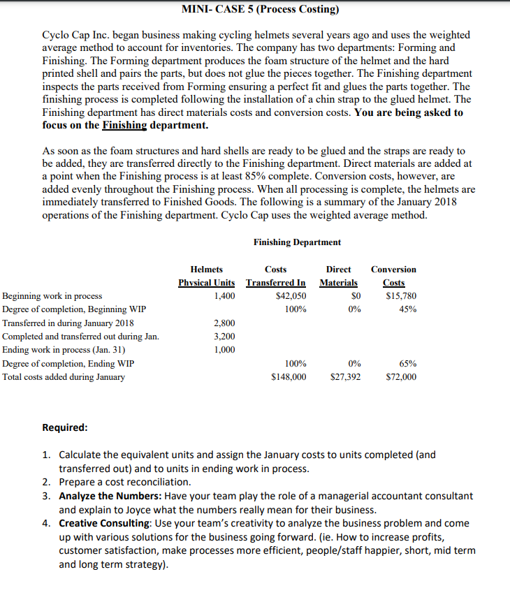 MINI- CASE 5 (Process Costing) Cyclo Cap Inc. began business making cycling