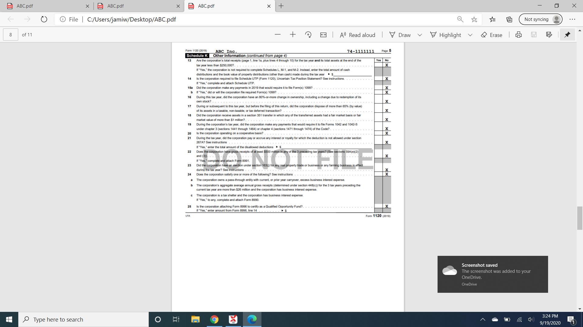 Assets $5,390,000 as of 12/31/2019.ABC Inc.'s Net Income per books is $440,000.Gross