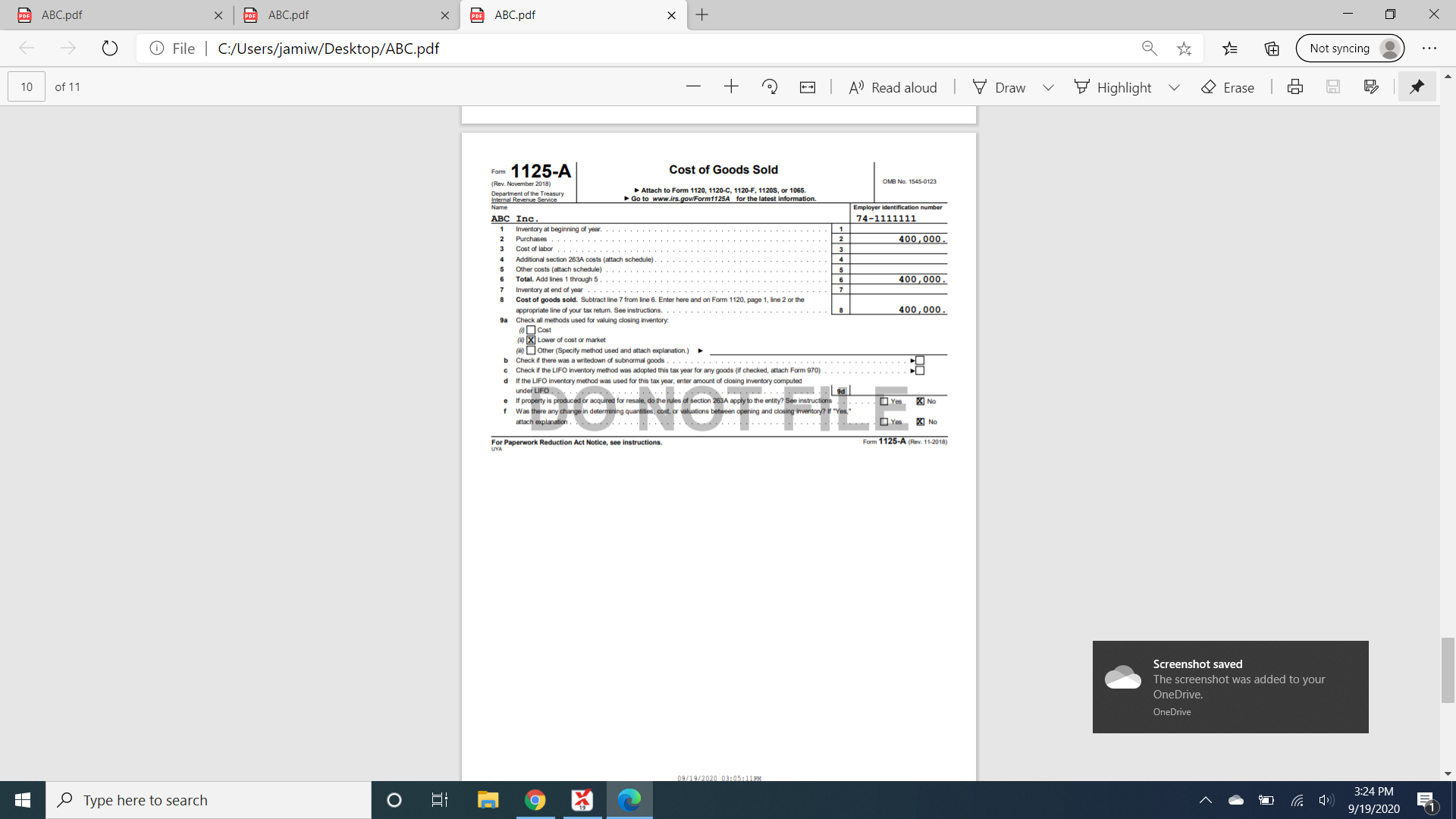 and purchases were $400,000).ABC Inc. uses the lower of cost or market