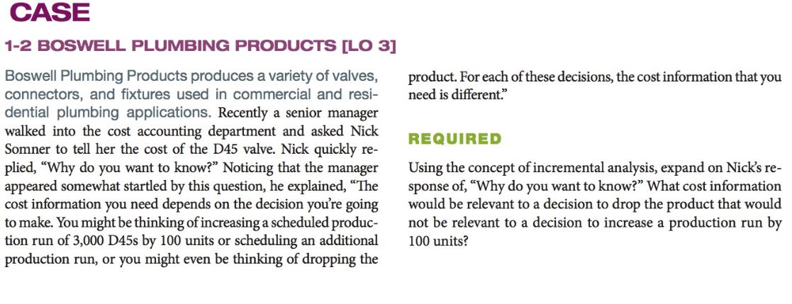 CASE 1-2 BOSWELL PLUMBING PRODUCTS [LO 3] Boswell Plumbing Products produces a