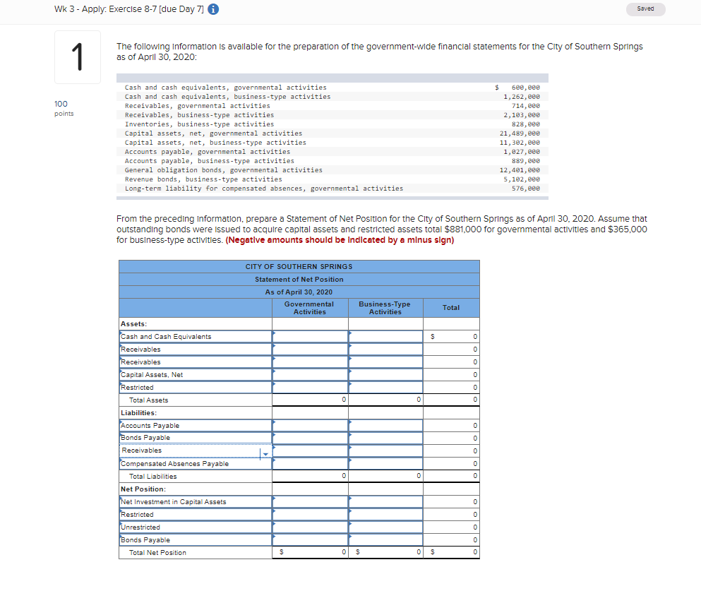 please help me solve question below Wk 3 - Apply: Exercise 8-7