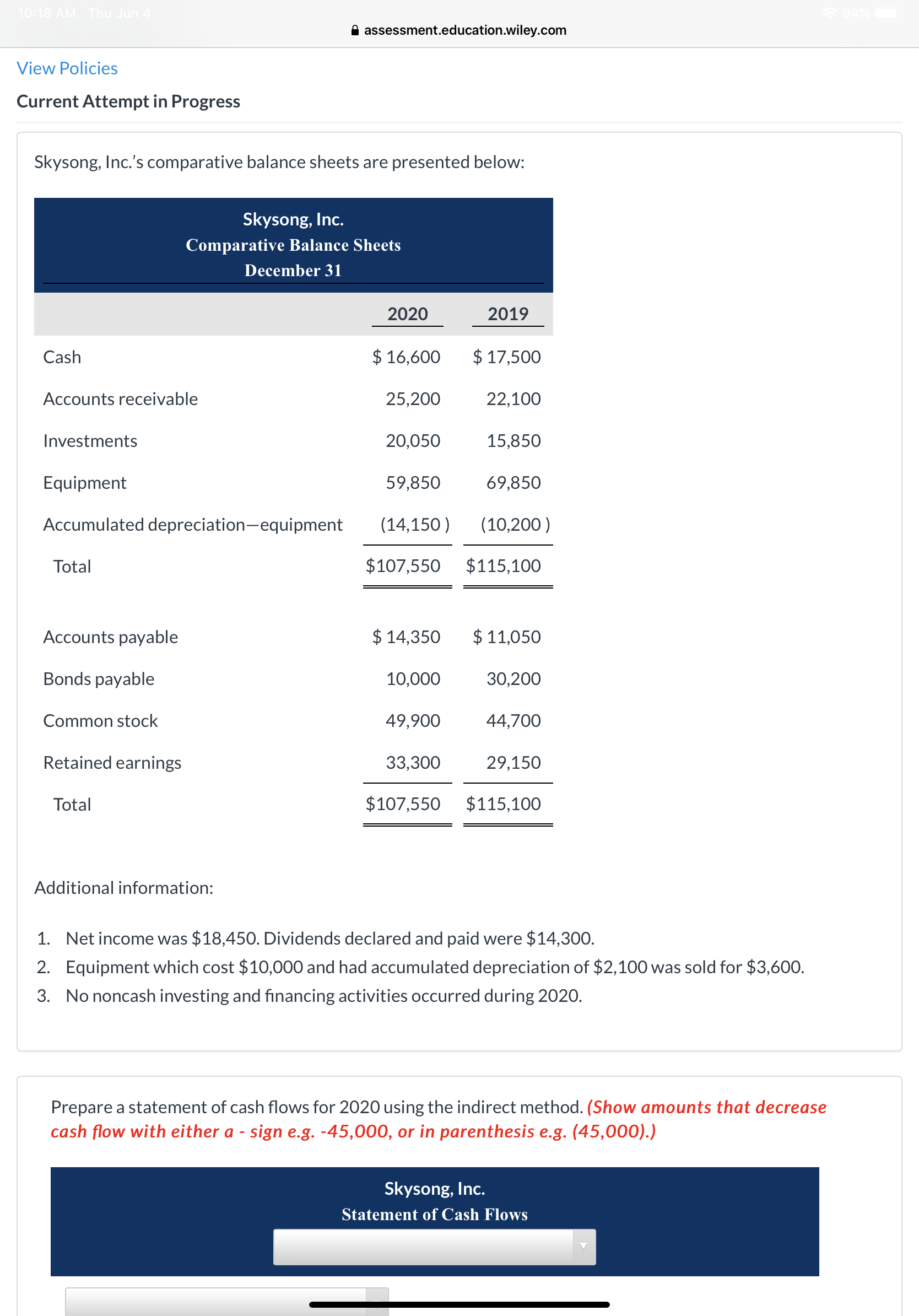 Skysong, Inc.'s comparative balance sheets are presented below: Additional information: 1.Net income