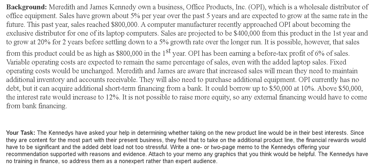 Background: Meredith and James Kennedy own a business, Offce Products, Inc. (OPI),