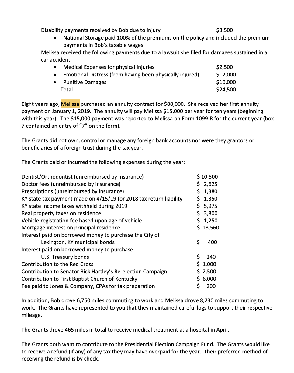 Form 4952) for Bob and Melissa Grant 2019 Federal Income tax return.