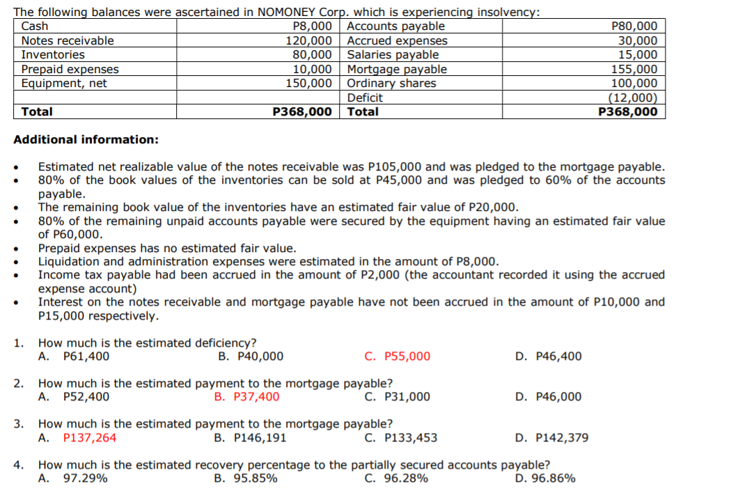 Topic: Corporate Liquidationneed solutionsAnswers: 1. C 2.B 3.A 4. UNKNOWN 5. C