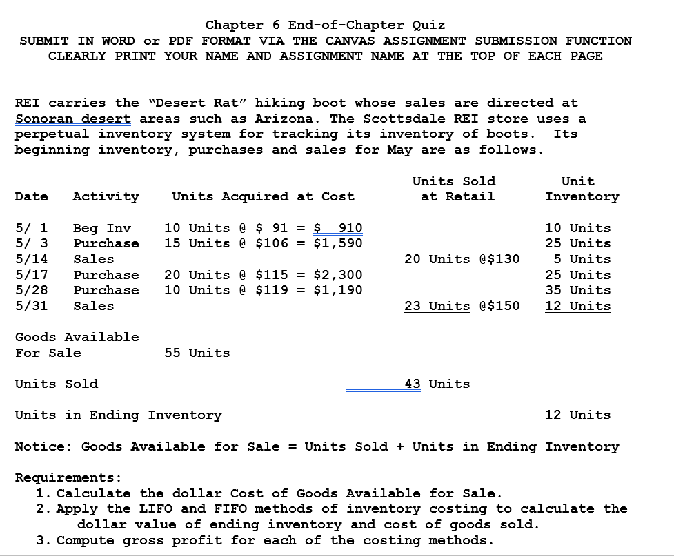  phapter 6 End-of-Chapter Quiz SUBMIT IN WORD or PDF FORMAT VIA