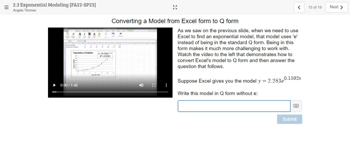  2.3 Exponential Modeling [FA22-SP23] Angela Thomas Converting a Model from Excel