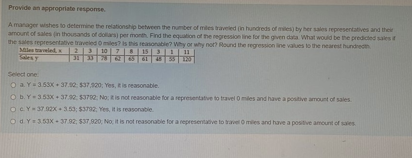 one: O a. y= 2.097x - 0.552 O b. y = 0.522x