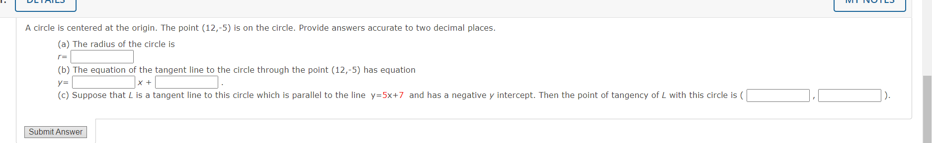 A circle is centered at the origin. The point (12,-5) is