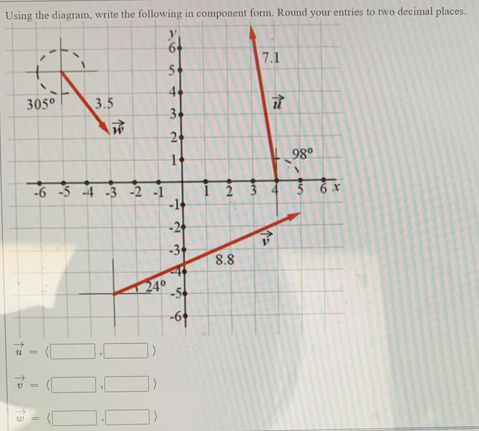 Using the diagram, write the following in component form. Round your