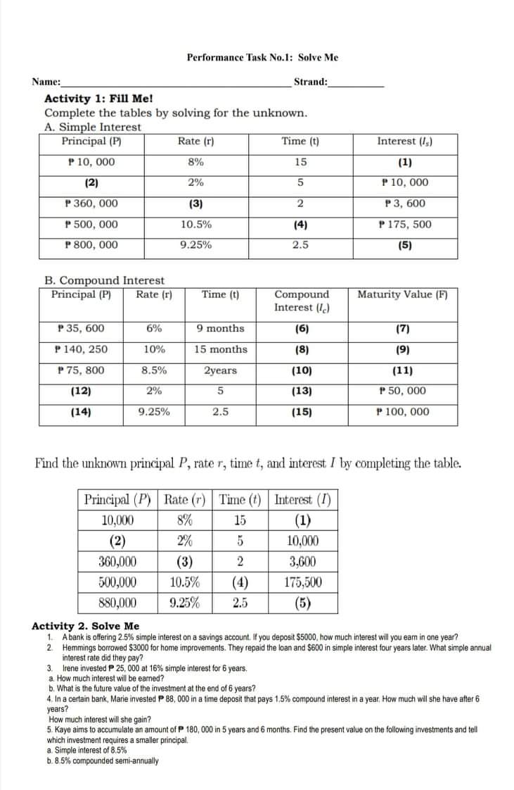 Gen math Performance Task No.1: Solve Me Name: Strand: Activity 1: Fill