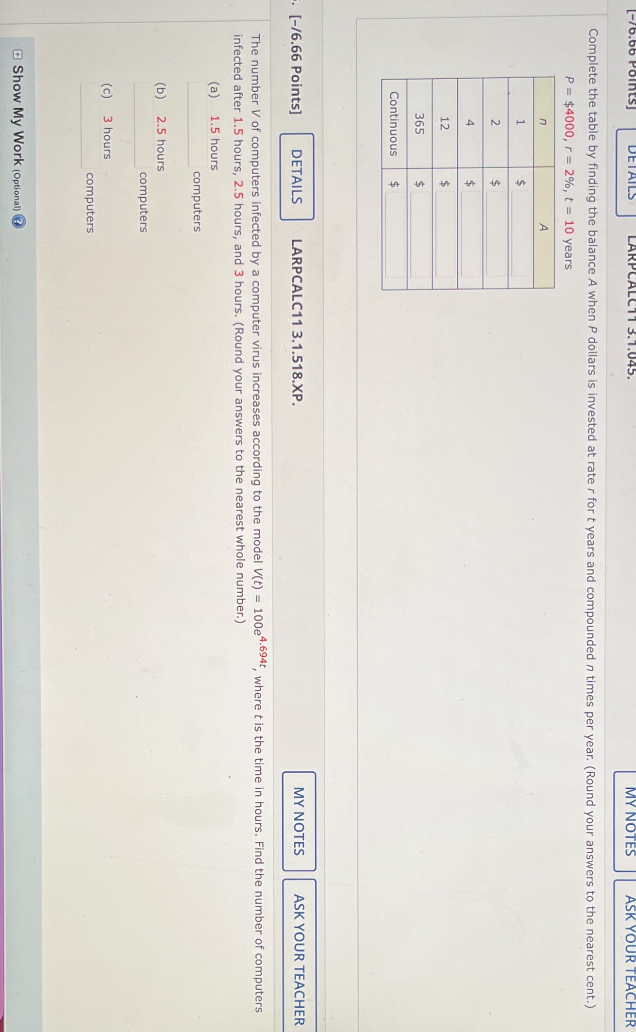  Complete the table by finding the balance A when P dollars