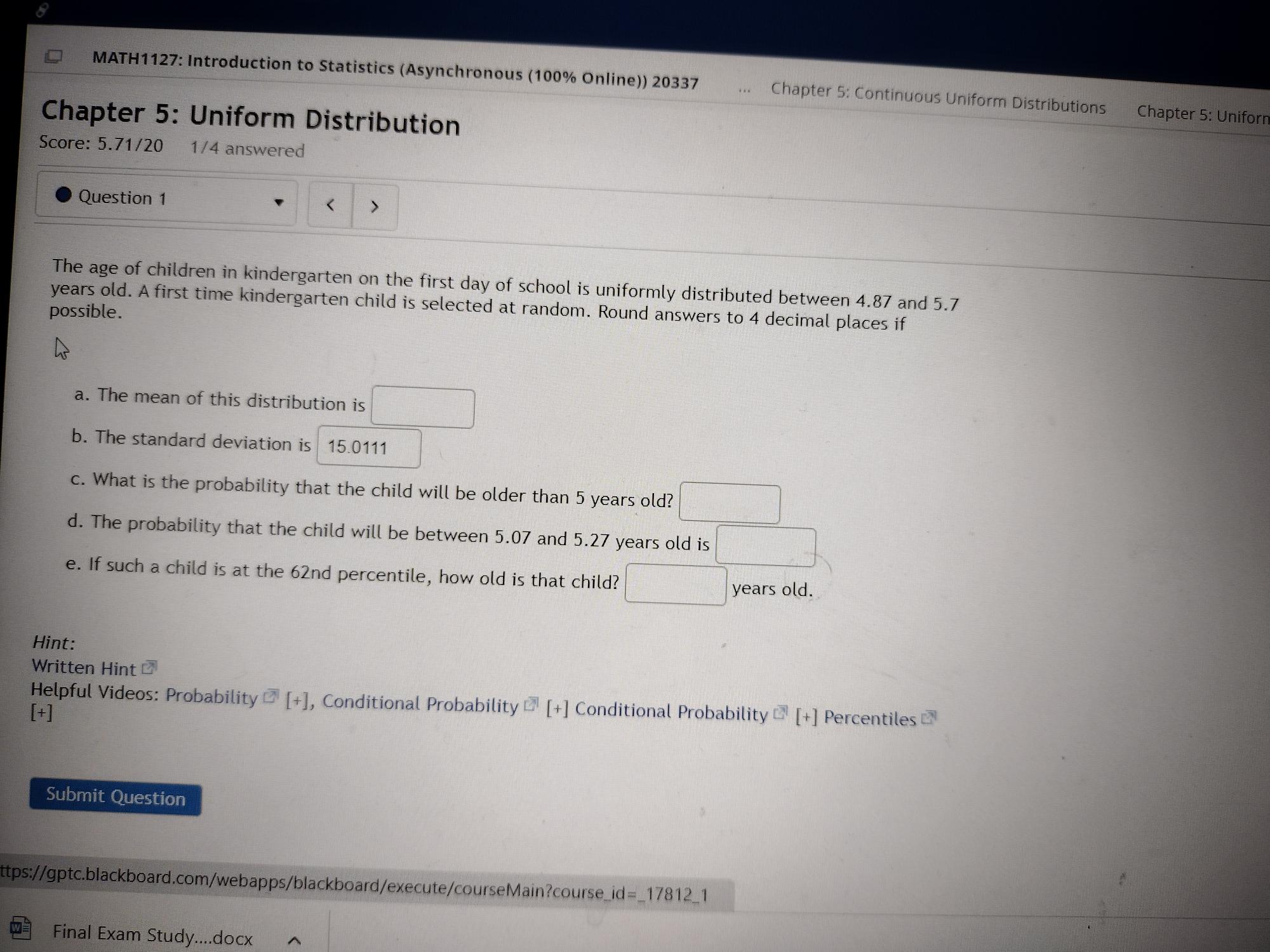  MATH1127: Introduction to Statistics (Asynchronous (100% Online)) 20337 ...Chapter 5: Continuous