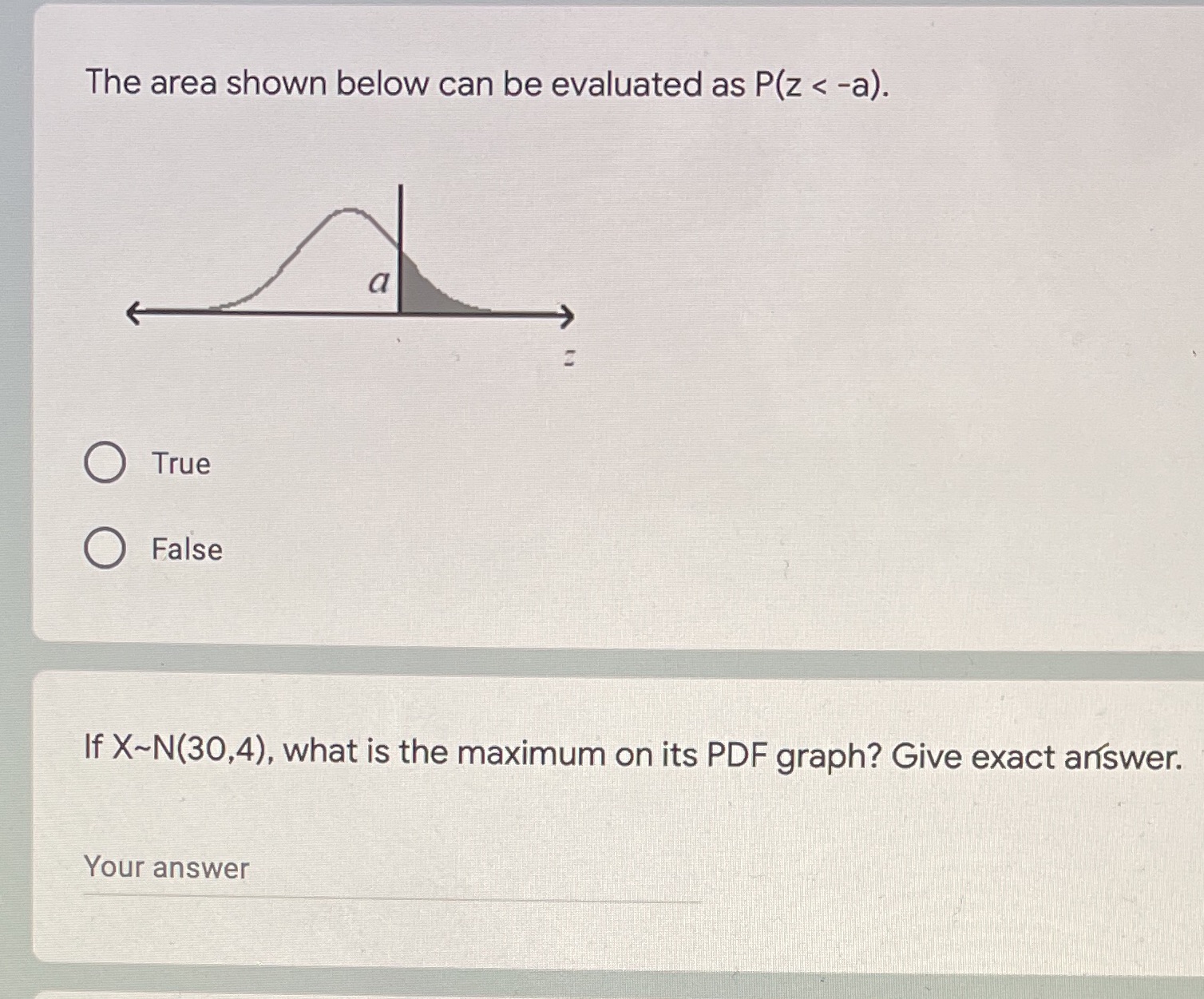 The area shown below can be evaluated as P(z < -a). a
