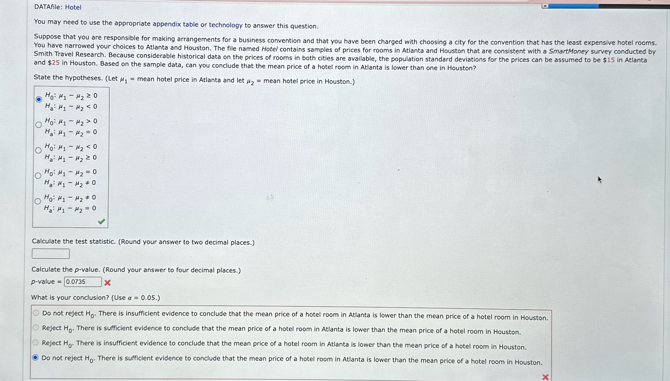 DATAfile: Hotel You may need to use the appropriate appendix table