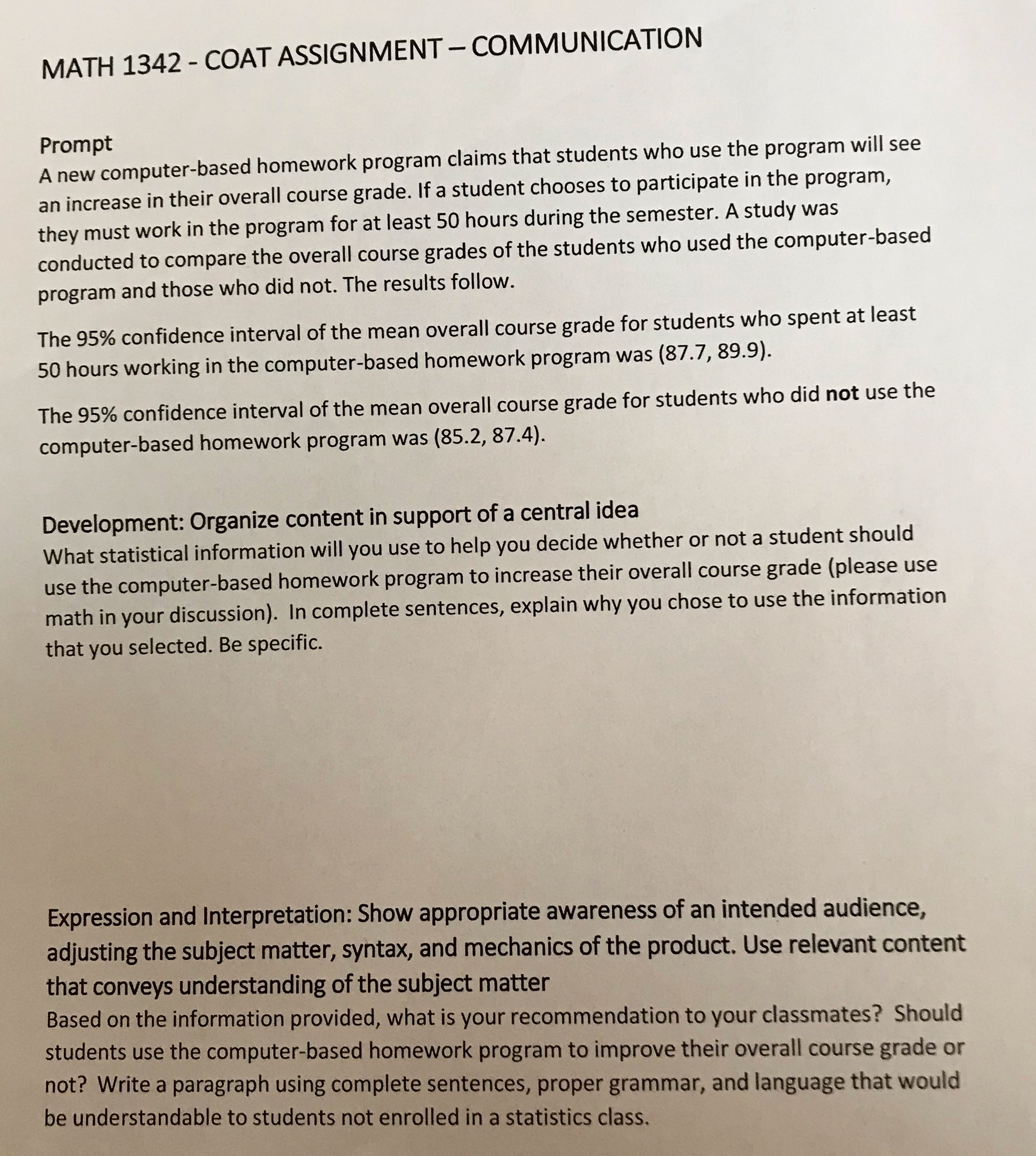 Explain the answer in understanding form with good grammer MATH 1342 -