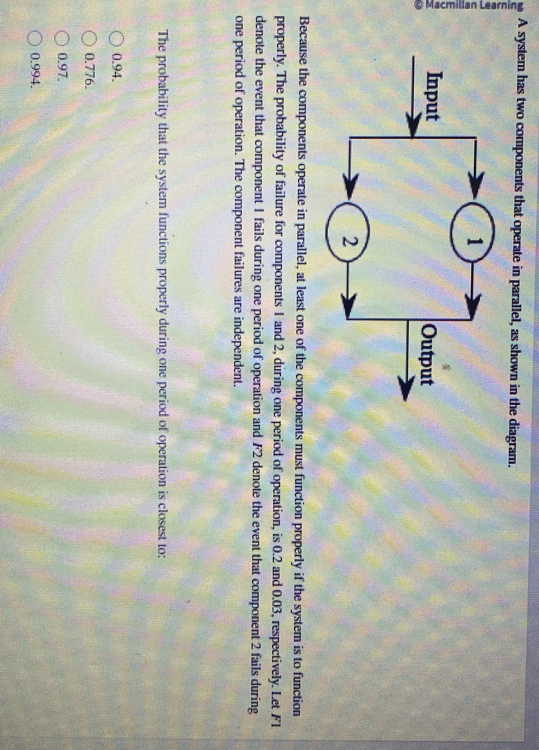  A system has two components that operate in parallel, as shown