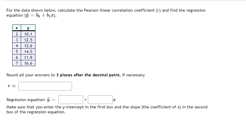  For the data shown below, calculate the Pearson linear correlation coefficient
