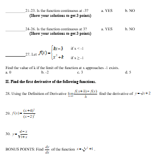  21-23. Is the function continuous at -3? I. YES b. NO